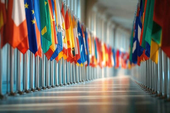 Long corridor lined with two rows of colorful international flags hanging from poles, creating a vibrant and organized atmosphere with strong perspective and shining floor reflections