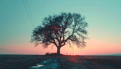 Solitary bare tree in open field at sunset with colorful sky