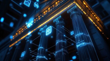 Futuristic classical pillars with glowing blue digital network connections and symbols on a dark background, blending architecture with technology innovation