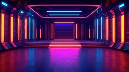Futuristic dark corridor with neon orange, pink, and blue lighting on walls, ceiling, and steps creating a vibrant, sci-fi atmosphere