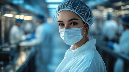Young female scientist in sterile laboratory environment wearing protective gear and surgical mask, looking confidently at the camera
