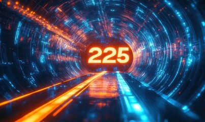 Futuristic illuminated tunnel with glowing orange and blue lights reflecting on wet floor and the number 225 displayed at the end, evoking a high-tech digital ambiance