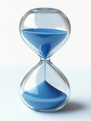 Clear glass hourglass with blue sand flowing from upper to lower chamber on a white background, symbolizing the passage of time