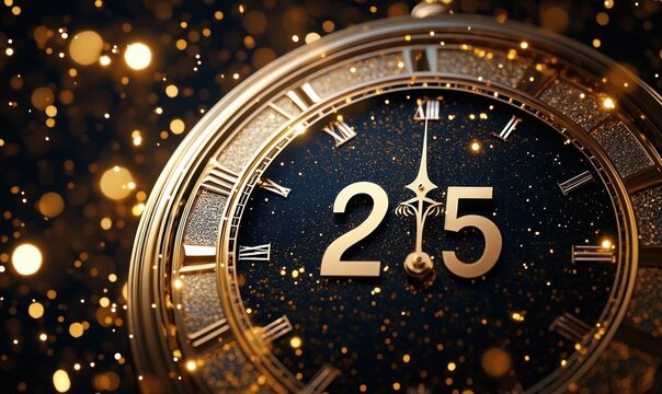 Close-up of an elegant golden clock face with Roman numerals showing the time almost midnight and large golden numbers 2 and 5 surrounded by sparkling golden particles