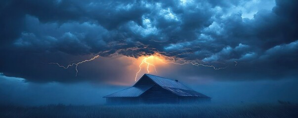 Dark stormy sky with dramatic lightning striking behind a solitary barn surrounded by grass under ominous clouds at dusk