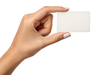 Fototapeta premium Female Hand Holding Blank White Business Card or Paper