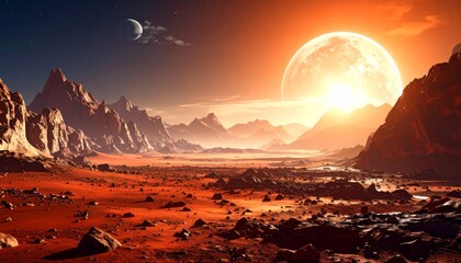 Dramatic alien planet landscape with large sun and moon in the sky