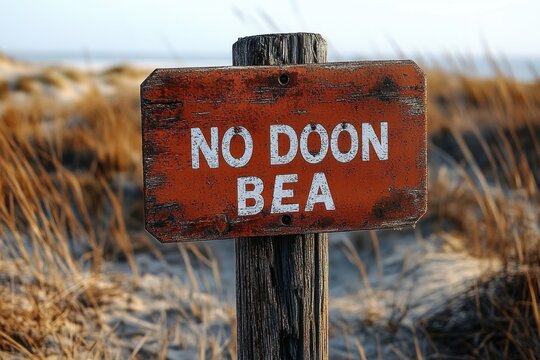 weathered wooden sign with white text on red background reading no doone bea on sandy beach with dry grass in the background under clear sky