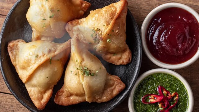 Hot and crispy samosas served with sweet ketchup and spicy green chutney