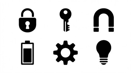 A Set of Six Small Minimalist Icons &mdash; Padlock, Key, Magnet, Battery, Gear, and Lightbulb