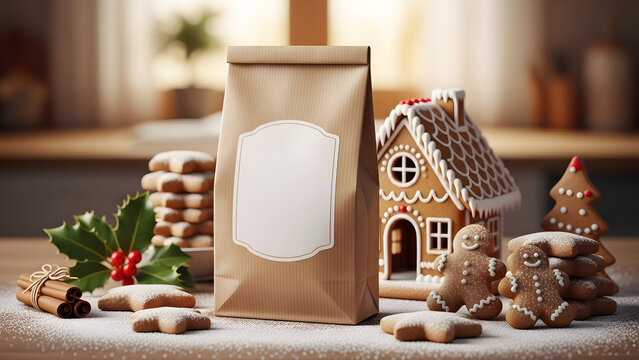 A cozy holiday setting featuring a blank paper bag mockup for packaging homemade gingerbread cookies and festive Christmas treats