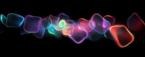 Colorful translucent abstract shapes with smooth edges floating in a black space creating a vibrant glowing effect