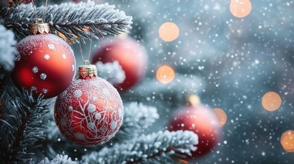 Red Christmas ornaments covered in snow hang on frosty pine branches with softly glowing lights and falling snowflakes creating a festive winter scene