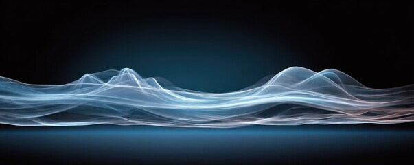 Abstract flowing blue and white light waves over a dark gradient background resembling a smooth, ethereal landscape or oceanic waves with soft glowing lines