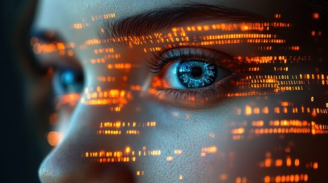 Close-up of human face with bright blue eye surrounded by glowing orange digital code, symbolizing futuristic technology and artificial intelligence - Powered by Adobe
