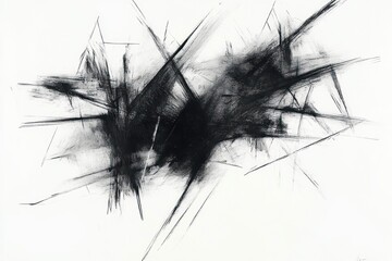 abstract composition of sharp black lines and smudges on white background conveying dynamic tension and chaotic energy