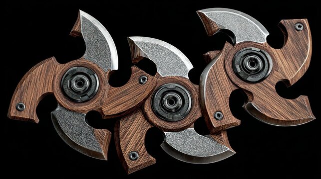 Close Up Of Three Interconnected Fidget Spinners With A Textured Copper And Silver Design Isolated On Black - Powered by Adobe