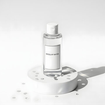 Minimal micellar water bottle on white pedestal