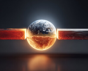 Digital earth with its core temperature rising, cross-section showing molten interior and tablet device atmosphere, scientific concept of geothermal heat