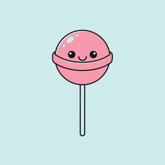 Cute Pink Lollipop with Smiling Face on Light Blue Background.