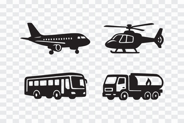 Transportation Vehicles Icons Set Air and Ground Transport Line Art Icons – Airplanes, Drones, Buses & Trucks