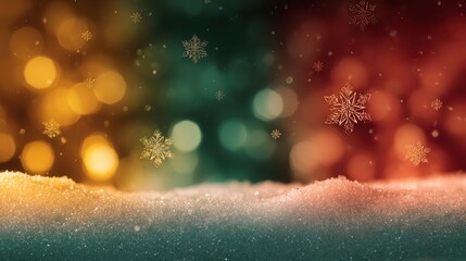 Glittering Snowflakes Floating Over Sparkling Snow Against Bokeh Background in Festive Colors