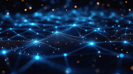 Abstract digital network with glowing blue nodes and connecting lines forming a dynamic web on a dark background with scattered golden particles