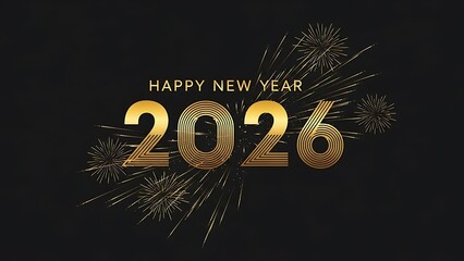 Elegant golden Happy New Year 2026 greeting with dynamic fireworks display on a sophisticated dark background, perfect for festive celebrations and digital cards