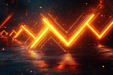 Glowing orange neon zigzag lines reflected on wet dark surface with dust particles floating in the air creating a futuristic atmosphere