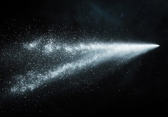 Fine white powder particles dispersing in the air against a dark background creating a dynamic scattering effect