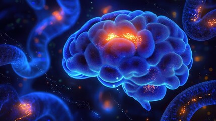 Digital illustration of a glowing blue brain with illuminated neural activity surrounded by abstract tube-like structures emitting light particles