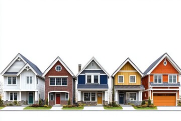 Row of five colorful suburban houses with neat lawns and sidewalks under bright lighting and white background