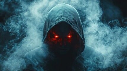 Mysterious hooded figure with glowing fiery eyes surrounded by dark smoky atmosphere conveying intense and ominous emotion