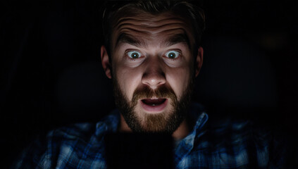 Dramatic cinematic close-animated movie portrait of a surprised man with glowing eyes, illuminated face, detailed facial features, intense expression, dark background, casual attire, beard