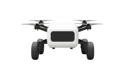 A futuristic drone with wheels and propellers against a plain black studio background front view on transparent background