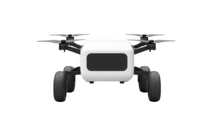 A futuristic drone with wheels and propellers against a plain black studio background front view on transparent background