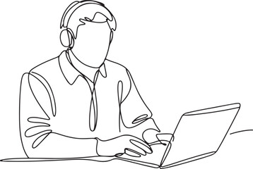 Minimalist continuous line drawing of a person with headphones working on a laptop, representing remote work, online learning, and digital communication