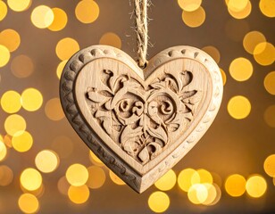 Wooden carved heart ornament hanging from twine against bokeh lights