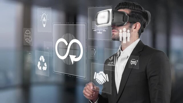 A businessman engages with advanced virtual reality technology in a sleek office, aiming to optimize workflow and enhance productivity through digital innovation. Raster