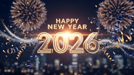 Happy new year 2026 celebration with festive fireworks and confetti