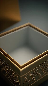 stunning macro close-up of a luxurious gold embossed box opening slowly. premium packaging, cinematic reveal, shallow depth of field.