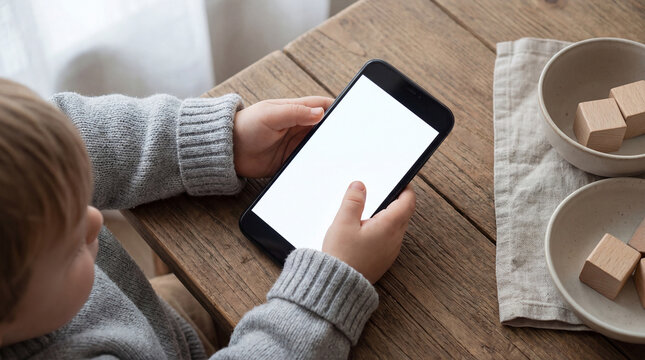 Top View of Child Holding Blank Screen Mockup Mobile Phone