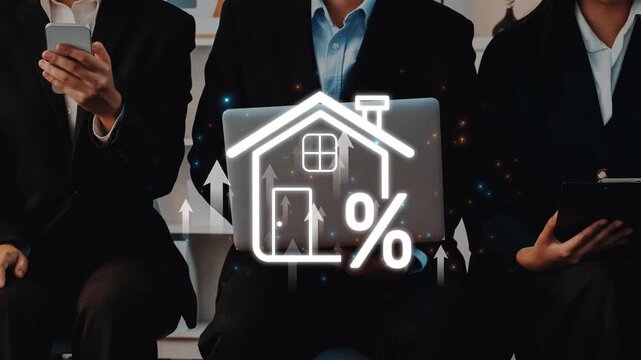Professional team engaged in discussion about real estate market trends using laptop technology and growth metrics to inform financial strategies in the corporate environment. Raster