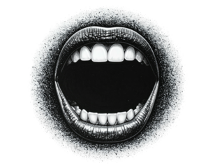Black & white graphic of open mouth with detailed shading, teeth, and circular outline