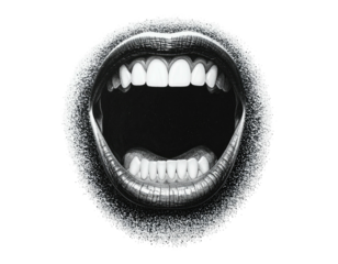 Artistic black and white rendering of an open mouth with detailed teeth and lips, isolated on black