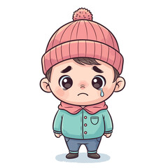 Sad Cartoon Boy with Tearful Expression Wearing Winter Clothes.