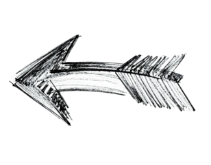 Hand-drawn, black and white arrow pointing left against a transparent background