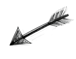 Hand-drawn monochrome arrow. Angled, feathered fletching, triangular arrowhead, black background, sketch style