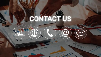 A vibrant workspace showcasing diverse hands engaged in collaboration over business charts, featuring icons for contact options to enhance client communication. Raster - Powered by Adobe