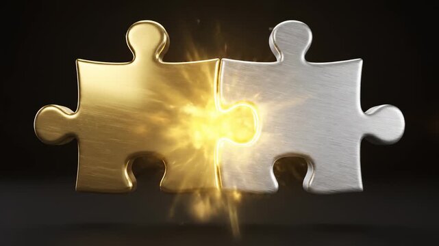 Two Puzzle Pieces Gold and Silver Connecting With a Light Sparkle